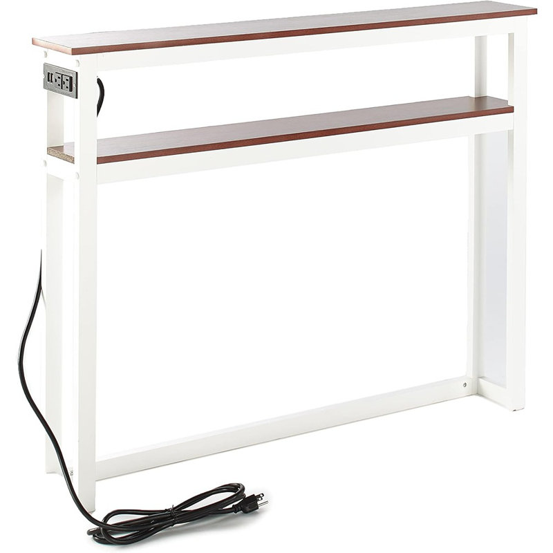 2-Tier Skinny Sofa Table With Outlet, White