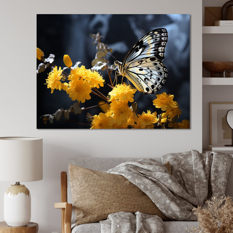 «Samaj Yellow Grey Butterfly Haven I», reproduction sur toile, H 12 po x l 20 po x P 1 po, Toile tendue
