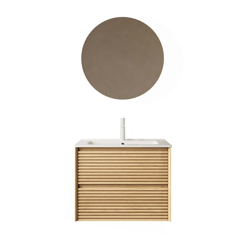 Meuble-lavabo de salle de bain avec lavabo, armoire de salle de bain murale moderne en contreplaqué flottant, tiroirs, lavabo en céramique avec couvercle et trou de lavabo, pré-assemblé