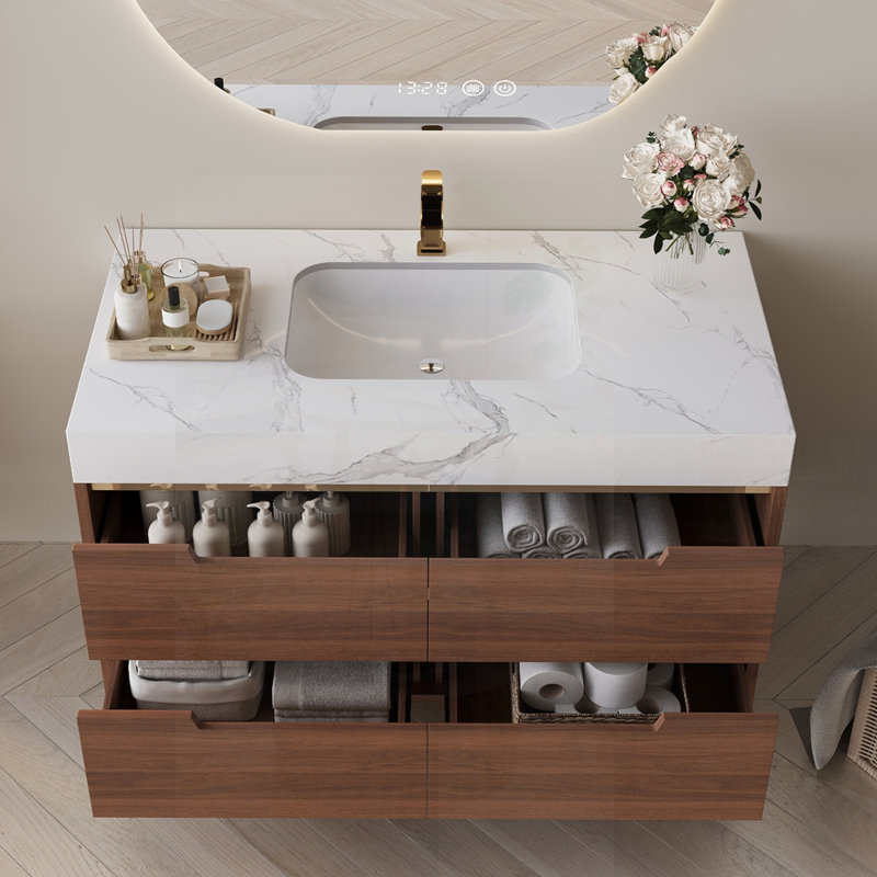 Farmhouse Free-Standing Sintered Stone Bathroom Vanity With Undermount Sink, Waterproof Multi-Layer Solid Wood, 4 Drawers Storage, Wall-Mounted
