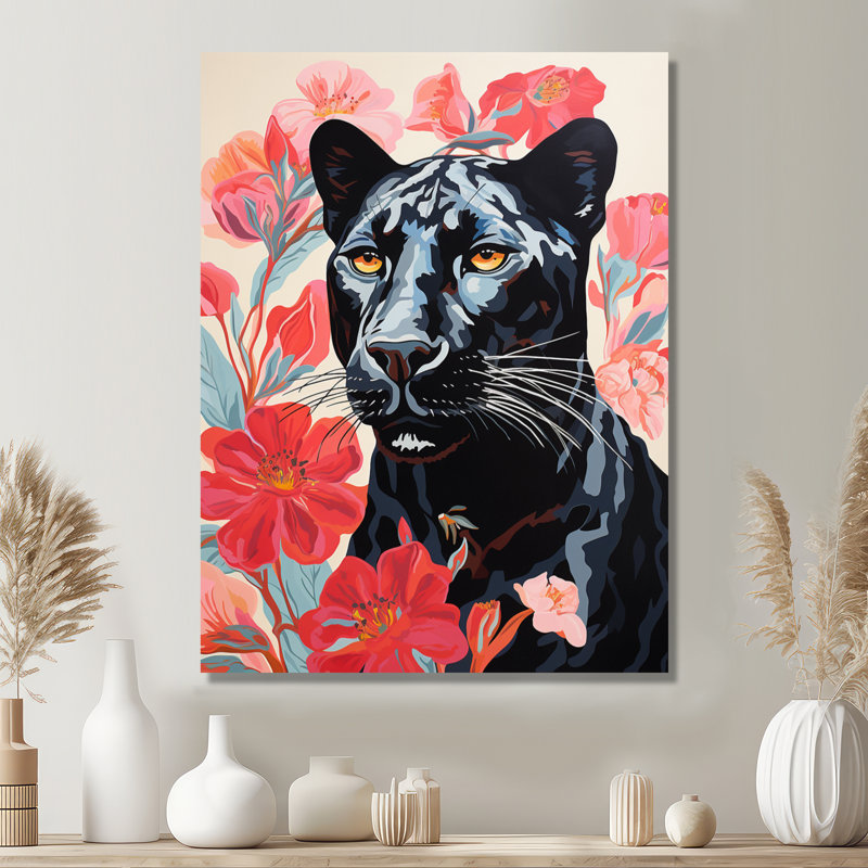 Fleurs de la jungle tropicale noire - impression d'art mural panthère, Toile tendue, H 40 po x l 30 po x P 1,5 po
