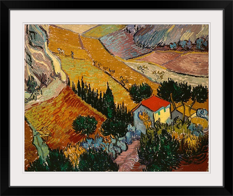 Paysage avec maison et charrue, 1889 par Vincent Van Gogh - reproduction, H 20 po x l 23 po x P 1 po, Cadre noir
