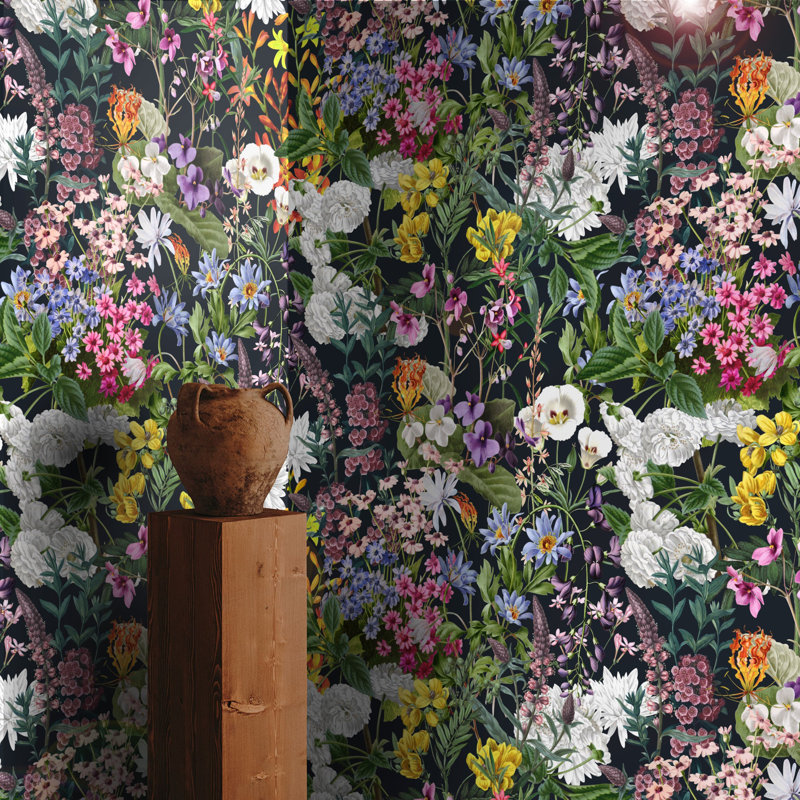 Papier peint floral rétro avec botanique foncé vert rose