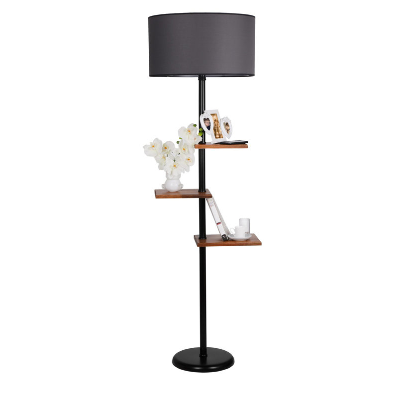 Lampe sur pied scandinave avec corps en métal et capuchon en tissu, hauteur de 64,2 po | Comprend 3 tablettes en bois (11,8 x 9,1 po, 10,2 x 7,5 po, 9,8 x 6,3 po) | Interrupteur marche / arrêt, peinture électrostatique séchée au four, design noir et gris élégant