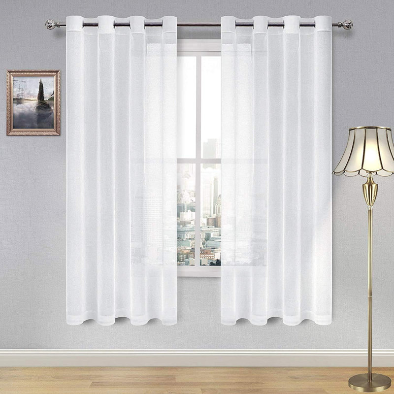 2 Panels White Sheer Curtains for Living Room Linen Look Voile Drapes Grommet Window Curtain Panel, 52" W x 63" L, White