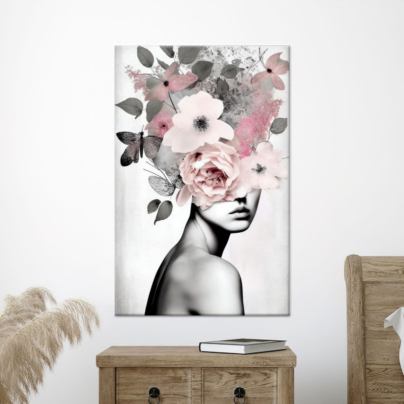 Art mural moderne en verre «Modern Floral Woman»: œuvre d'art imprimée sur toile 1P, 39,4 po de hauteur x 27,6 po de largeur