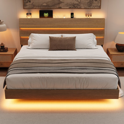  King Size Floating Bed Frame With Led And Charging Station,metal Platform Bed Frame With Storage Headboard,no Box Spring Needed,noise-free,easy To Assemble,walnut