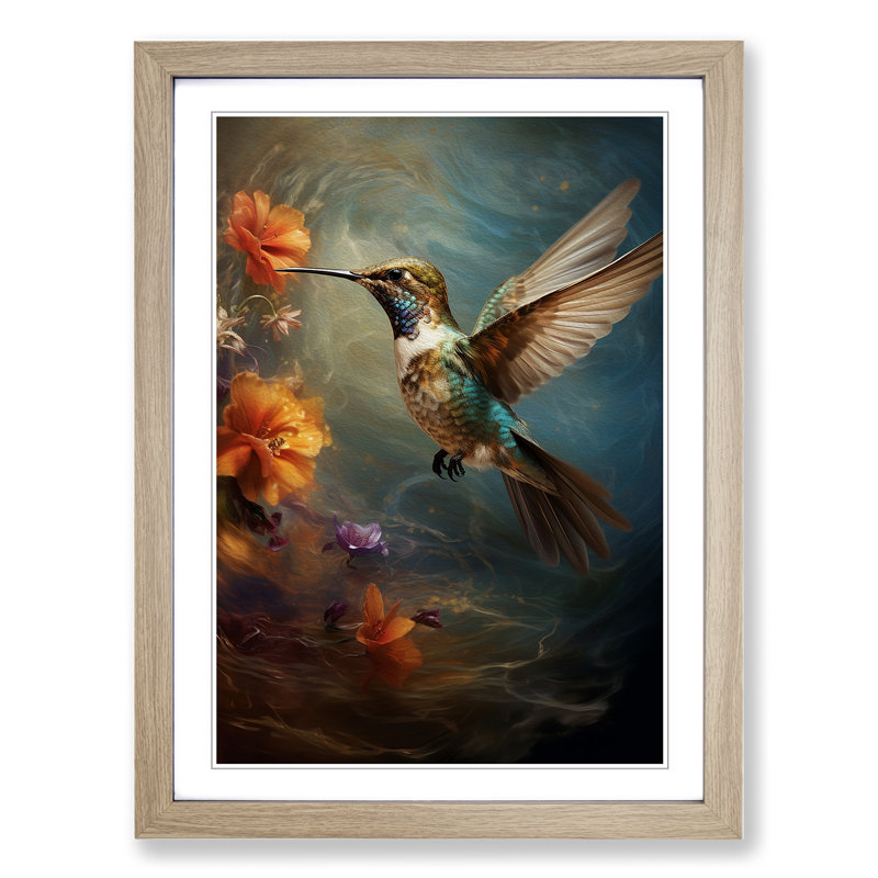 Hummingbird Conceptual - Single Picture Frame Print on Wood, 46cm H x 34cm W x 2cm D, Oak Framed