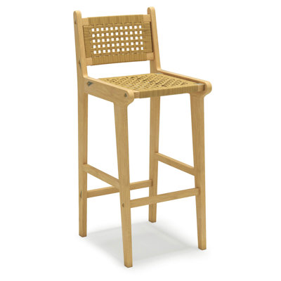 Patio Teak Wood Bar Stool Outdoor Bar Height Chair With Rattan Backrest & Seat