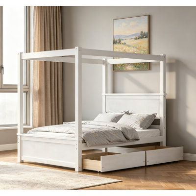 Lit à baldaquin en bois pleine grandeur avec deux tiroirs, lattes de soutien et finition blanche brossée pour les chambres modernes