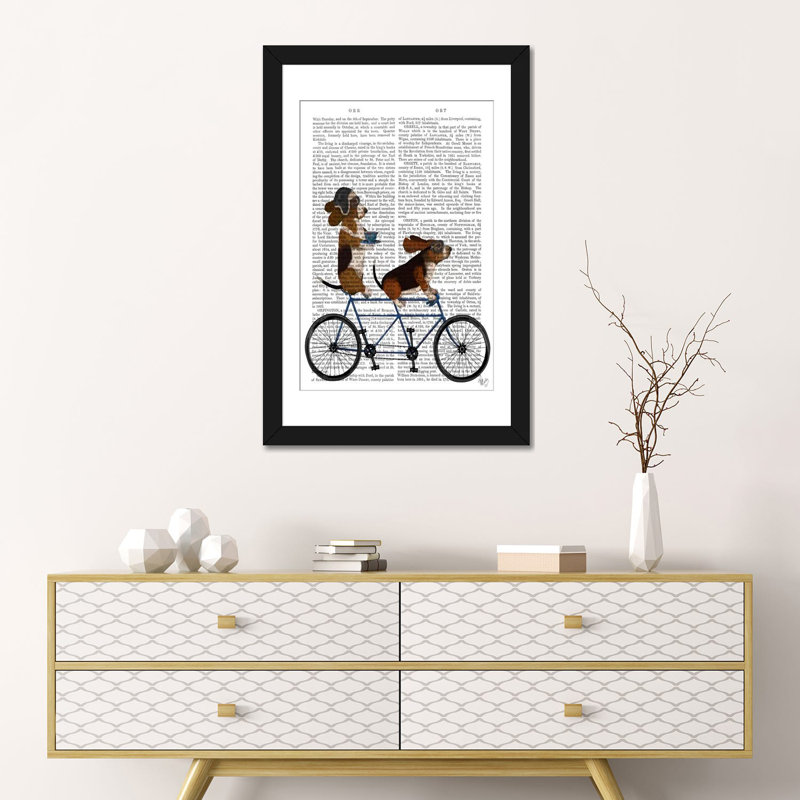 Impression sur toile tendue Fab Funky «Basset hound tandem on print fond», Papier d'art encadré noir, Blanc