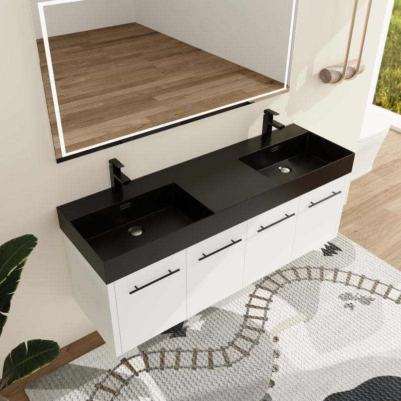 Meuble-lavabo double 60 po avec plateau en résine Beckby, Blanc, Noir, Noir