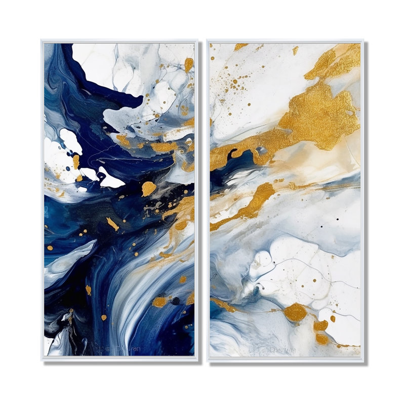 Art mural grand bleu foncé et or XXVI - Fractales, Floater Framed Print without Mat, 40" H x 40" W, White