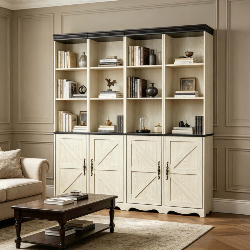 Armoire de rangement combinée 4-en-1, bibliothèque en panneau de fibres à densité moyenne à grain de bois 3D, casiers de présentation ouverts et armoires fermées avec tablette réglable, bibliothèque à combinaison libre pour le bureau d'étude de salon