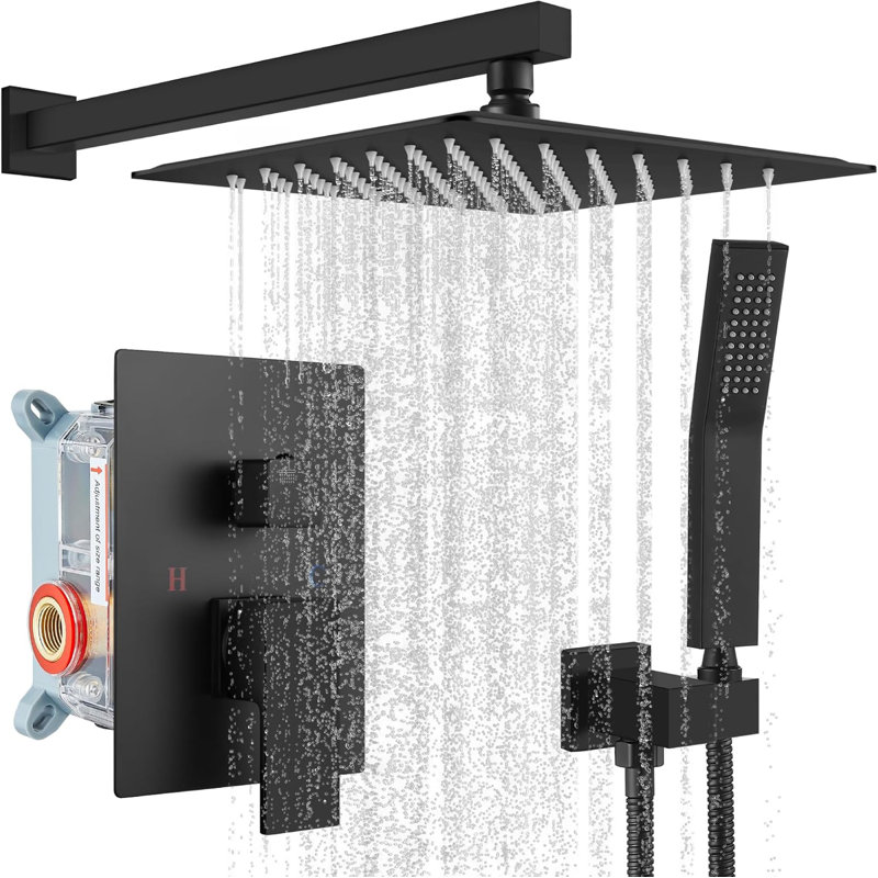Système de douche à pluie Rainfall Ensemble de pomme de douche et de poignée de douche à fixation murale Ensemble de robinet de douche à pression équilibré complet en laiton massif noir mat