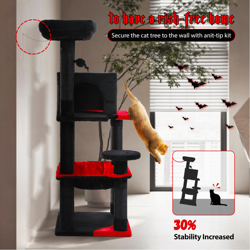 Arbre à chat avec très grand hamac, tour à chat noire de 45,7 po avec lit en cercueil, maisonnette pour chat, poteaux à griffer en sisal et perchoir supérieur, arbre à chat à plusieurs niveaux