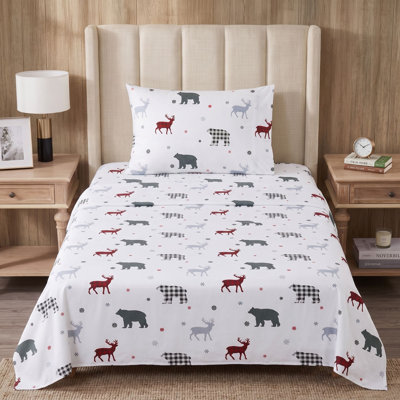 Holiday Printed Flannel Microfiber Sheets Warm and Cozy Extra Deep Pockets, Twin - Bear Deer Plaid