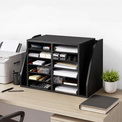 Literature Organizer, 12 Compartments Office Mailbox with Side Vertical Storage, Wooden Mailbox Sorter Made of Particle Board, Countertop Office Home  Organizer for File, Document, Paper, Black