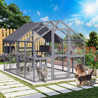 Spacious Grey Outdoor Cat House with Weatherproof Roof and Multiple Play Areas for Feline Comfort and Entertainment