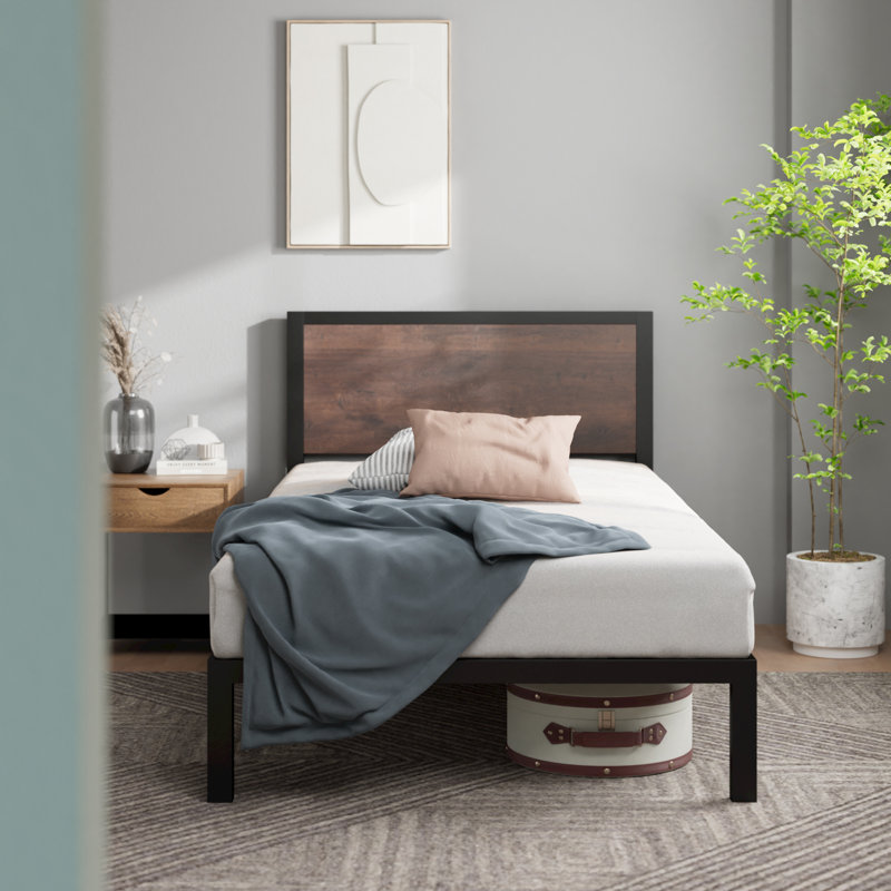 Slovan Modern Metal Platform Bed frame with Wooden Headboard, Single (3')