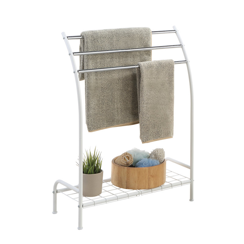 Porte-serviettes autoportant à 3 tablettes avec tablette inférieure, Blanc