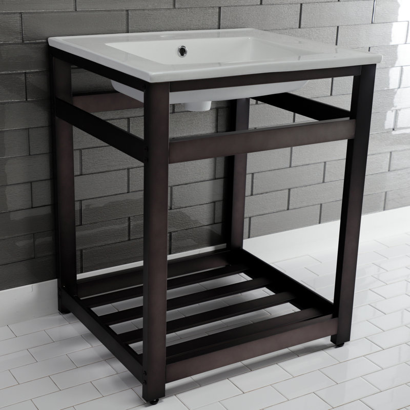 Kingston Brass Quadras 25-Inch Ceramic Console Sink with Stainless Steel Base and Shelf, White/Oil Rubbed Bronze, Single