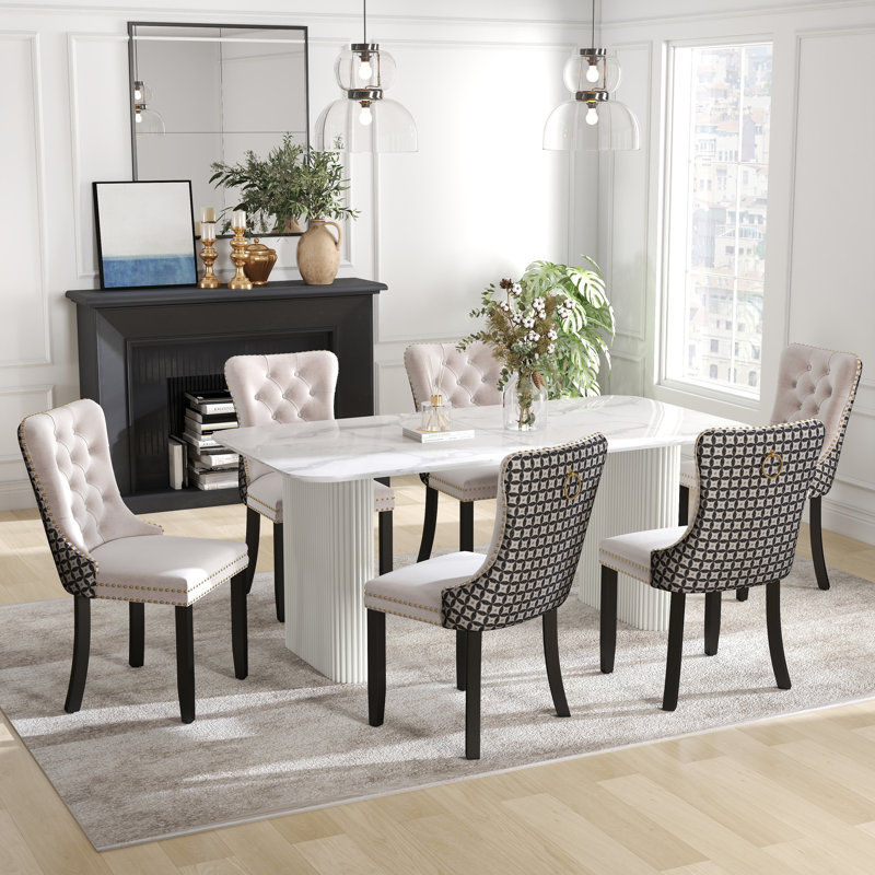 Ensemble de salle à manger rectangulaire à double piédestal avec table de salle à manger de style crème, Beige, 7