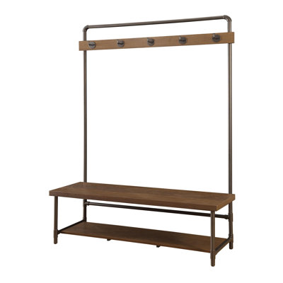 5 Hook Coat Rack Hall Tree with Shoe Bench Chestnut