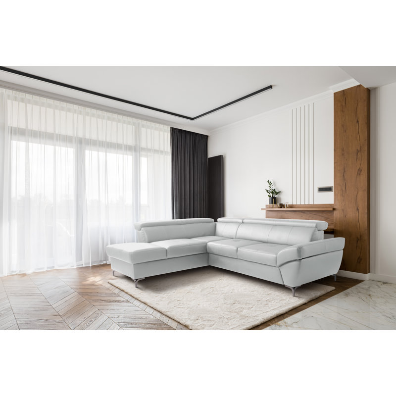 Canapé d'angle en cuir véritable CAPRI avec lit escamotable, rangement et appuis-tête réglables, Gris clair