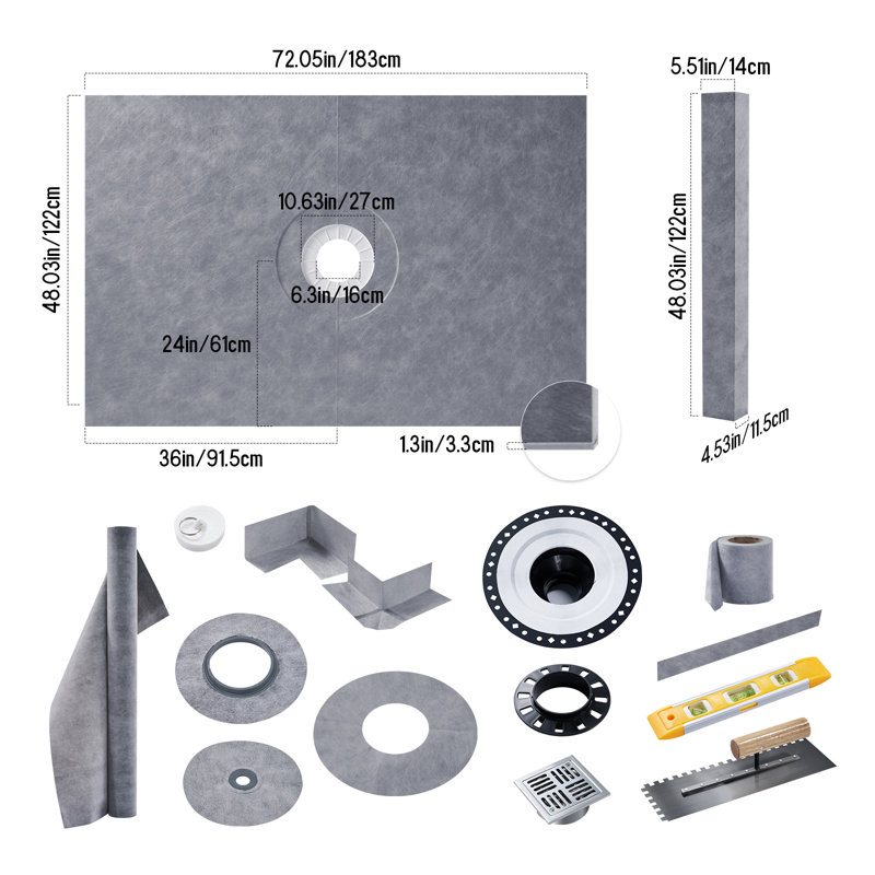 48" x 72" Shower Curb Kit with Tray, ABS Bonding Flange, Waterproof Membrane & Installation Tools – Center Outlet, Green