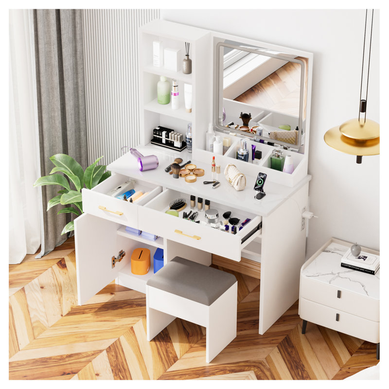 Coiffeuse 32 po avec miroir éclairé, rangement et tabouret coussiné