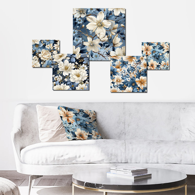 Motif floral bleu rétro Finesse - ensemble de 5 décorations murales florales