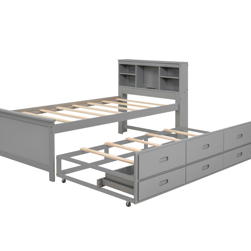 Lit simple gris avec rangement, abris et lit gigogne