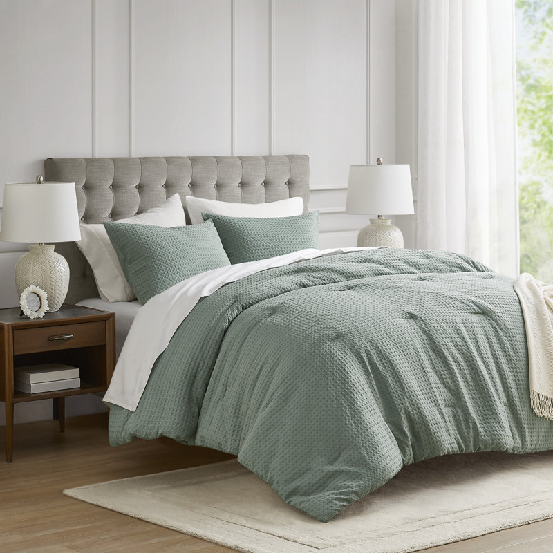 Ensemble d'édredon douillet texturé Mina Waffle Weave, Édredon simple / simple TG + 1 taie décorative s, Vert sauge