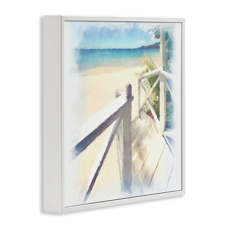 «Faded Beach Steps», art de la giclée encadrée par Noah Bay, H 17 po x l 17 po, Estampe numérique encadrée blanc bord de mer