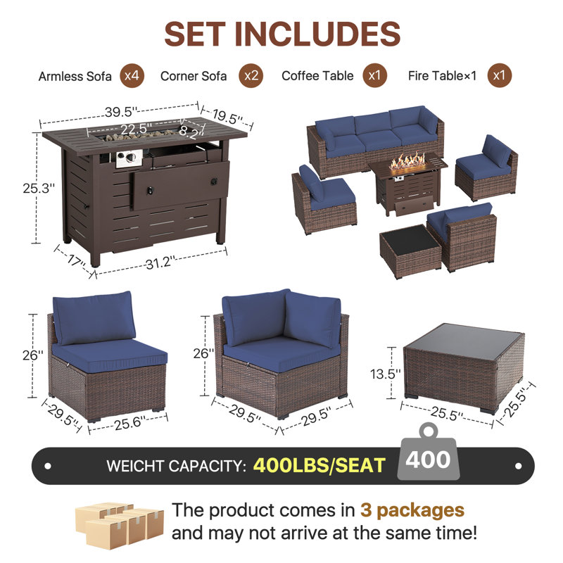 6-Seater Wicker Patio Conversation Set With Cushions, 44" Fire Pit Table And Coffee Table For Outdoor Use, Blue, Brown