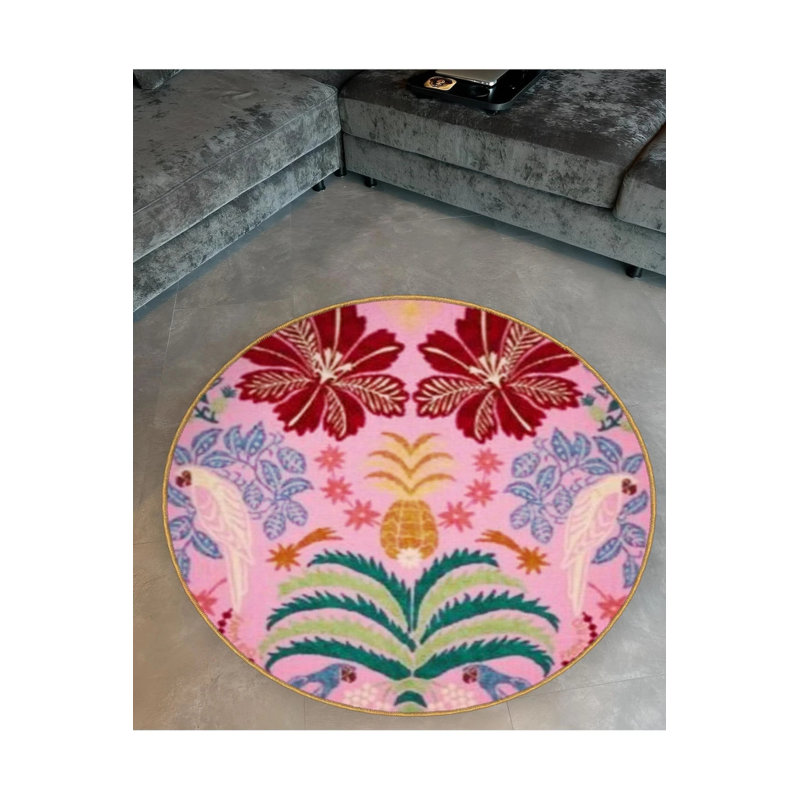Tapis décoratif rose à motif floral, Rond 3 pi 4 po