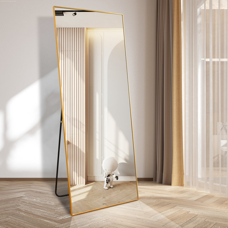 Shatterproof Aluminum Rectangle Full Length Mirror with Stand - Basics by Wayfair™, Gold, 64" H x 21" W