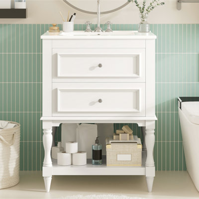 Meuble-lavabo de 24 po avec lavabo en céramique, rangement rétro à 2 tiroirs, tablette ouverte, tablette et tiroirs à finition ultrabrillante