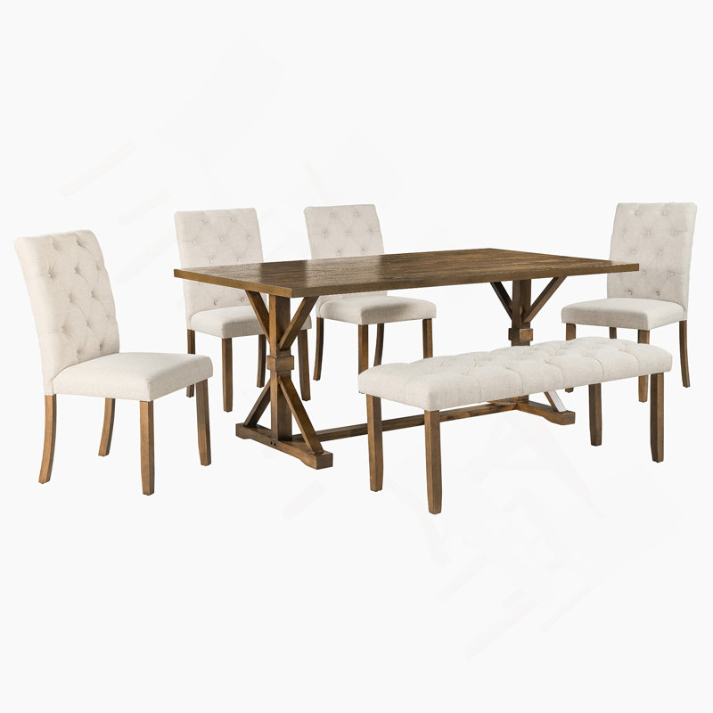 6-Piece Farmhouse Dining Table Set with 72" Wood Rectangular Table and Bench