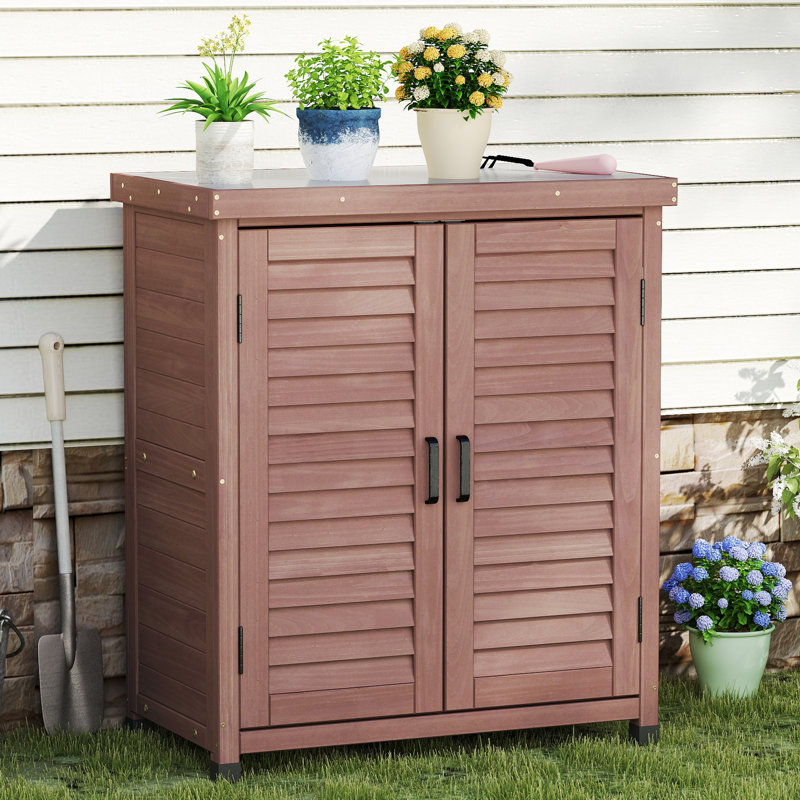 Outdoor Cedar Wood Potting Bench with Storage Cabinet and Metal Top, Accent Grey