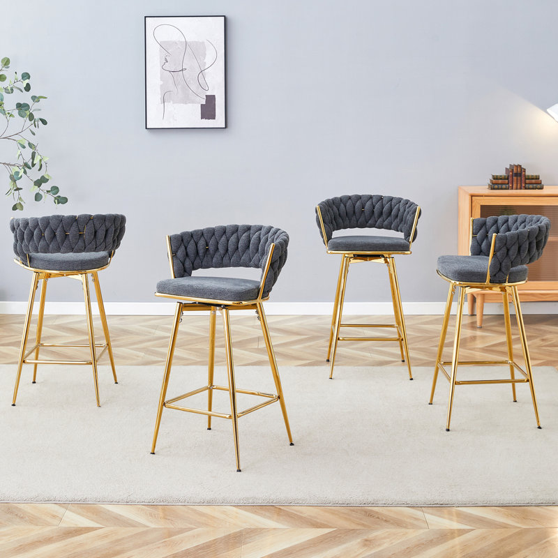 (Set Of 2) 16" W Cotton Linen 360° Swivel Barstool, With Tufted Cushion And 4 Gold Metal Legs Barstool, Dark Gray, Gold