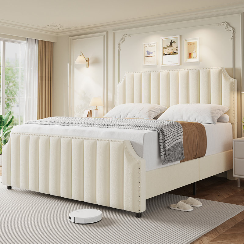 Bed Frame with 50.2" Headboard, Upholstered Platform Bed Frame with Vertical Channel Tufted Velvet Fabric, Extra Large Tufted headboard, Nailhead Trim, No Box Spring Needed