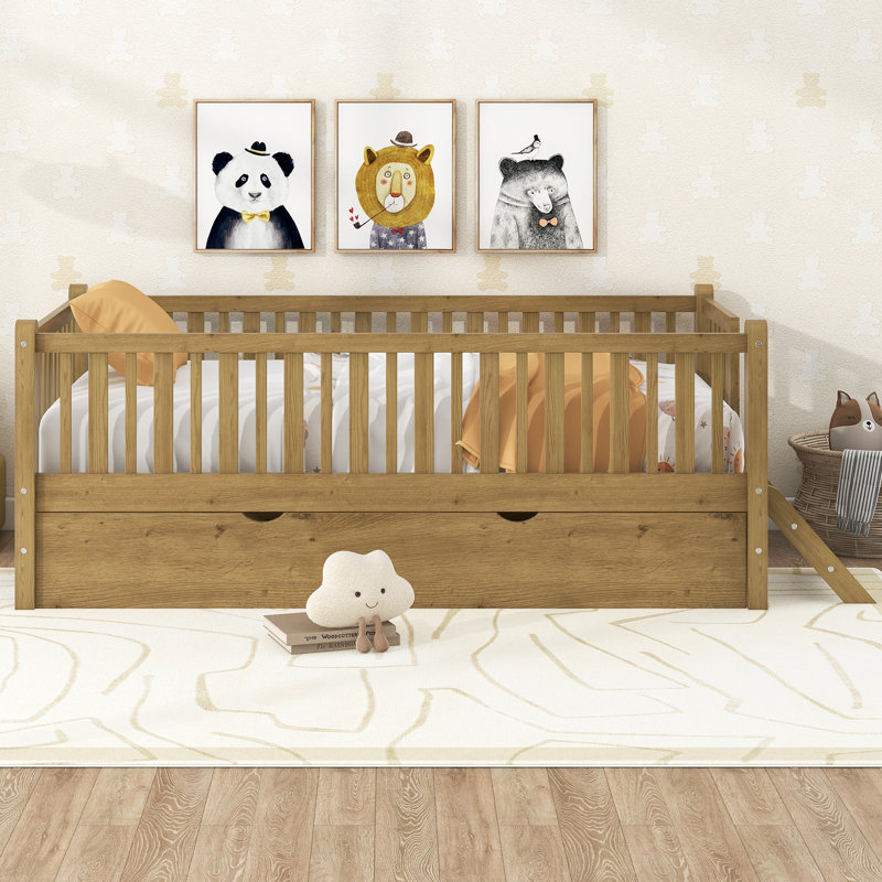 Lit plateforme simple avec lit gigogne et garde-corps - Lit pour enfant en bois, peu encombrant, noyer, Noyer
