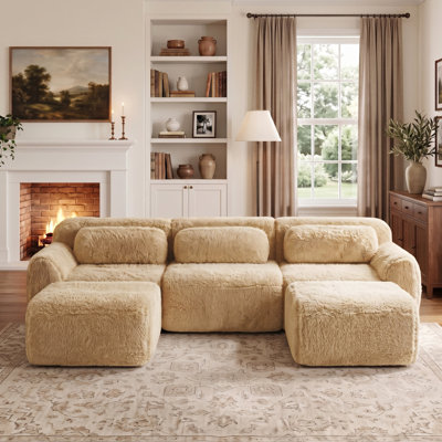  114.7" Modular Sectional Sofa with Ottoman, Comfy Plush Fabric 3-Seater Boneless Couch with Non-Slip Bottom & Pillow, Deep Seat Sofa for Living Room, Apartment, No Assembly Required