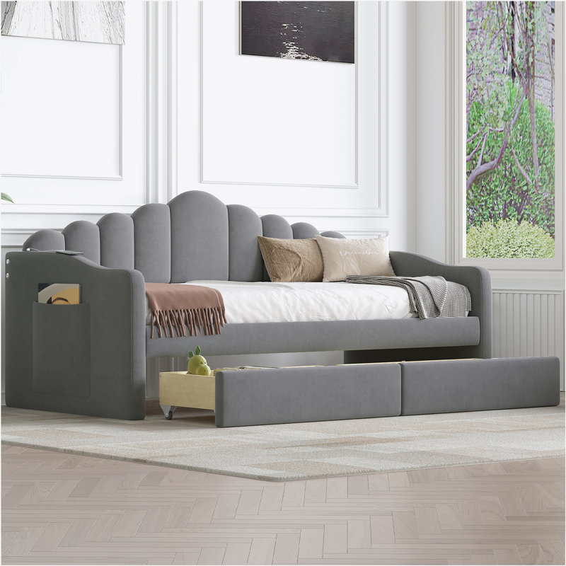 Lit de jour simple rembourré avec 2 tiroirs, canapé-lit avec ports de chargement USB, Gris