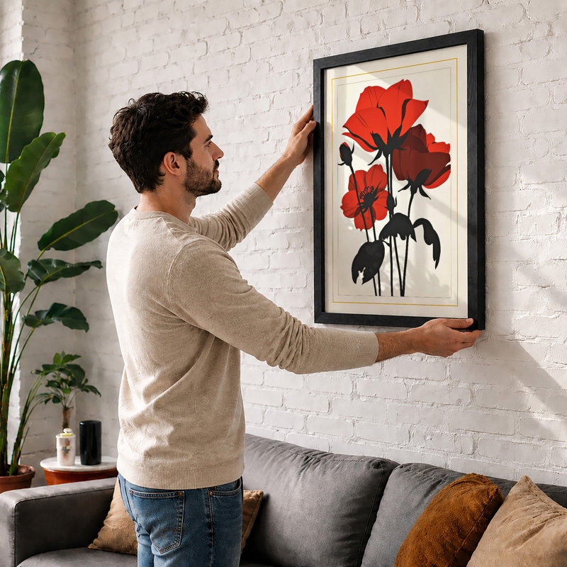 Red Roses In Black Botanical - Print, Walnut, A1 - 84.1 x 59.4 cm
