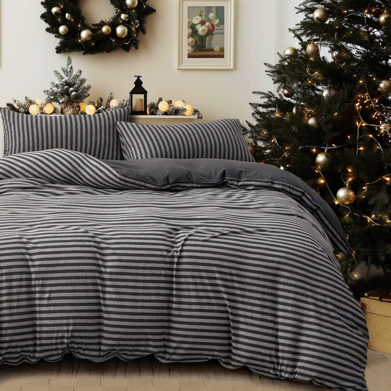 Jersey Cotton Set, Charcoal Striped, Queen Duvet Cover + 2 Standard Shams