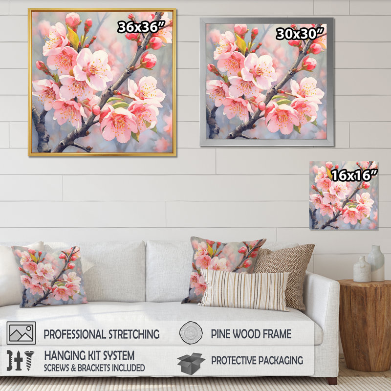 Peach Blossom Bliss II - art mural floral, H 16 po x l 16 po, Toile tendue
