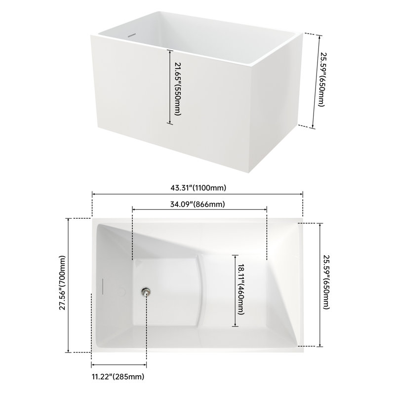 43 - Inch Freestanding Acrylic Tub In White Gloss, Comfort Focused Design With Built Seat, Long Lasting Resin, Streamlined And Ergonomic 43" Bath Tub, Gloss White, Square Shape Comfortable Materials
